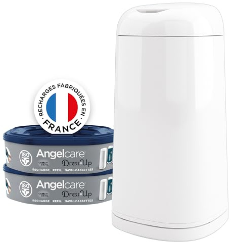 Angelcare Poubelle à Couches + Recharge Anti Odeurs/Grande Capacité Antibactérien Usage Simple Dress up Blanc + Angelcare - Recharge Octogonale pour Poubelle à Couche Dress up/Essential - 1 unité