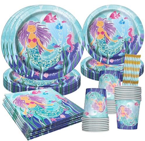 LUKIUP 60 Stück Meerjungfrau Geschirrse Set, 10 Gäste Pappteller Meerjungfrau Kindergeburtstag, Meerjungfrau Geburtstag Deko Mädchen, Meerjungfrau Party Supplies, für Kindergeburtstag, Babyparty