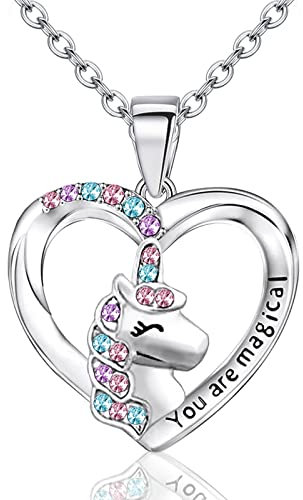 Aucuu Collar para Niñas, Collar de Unicornio con Corazón de Cristal, Regalo para Niñas Hija - Unicornio