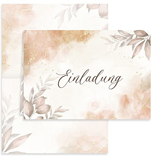 10x Einladungskarten Beige Aquarell mit Umschlägen Klappkarten Einladung Party Geburtstag Umschläge elegant Hochzeit Jubileum 20 30 40 50 60 70 80 Blätter Vintage