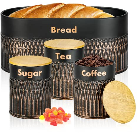 Cinnani Brotkasten 4er-Set- Retro brotaufbewahrung in Schwarz für brotbox stilvolles Aufbewahren&kaffeedose,teedose