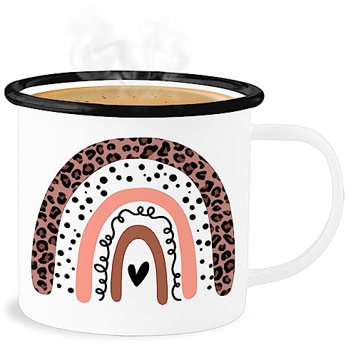 Emaille Becher Blechbecher - Tasse & Bohemian Deko - Boho Regenbogen - Leopard - 300 ml - Weiß Schwarz - leoprint kaffeebecher
