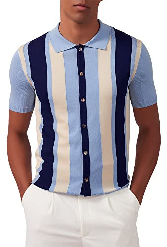 Kallspin Men's Vintage Knit Polo Shirt Short Sleeve Striped Button Down Knitting Golf Shirts(Blue Medium)