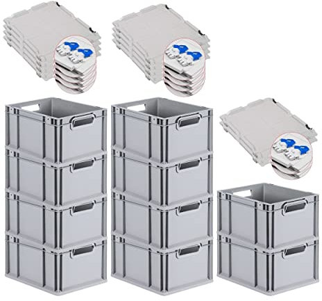 PROREGAL SuperSparSet 10x Eurobox NextGen Grip mit Scharnierdeckel und blauen Schiebeschnappverschlüssen, HxBxT 22x30x40cm, 20 L, Grau, Griffe offen, Eurobehälter, Transportbox