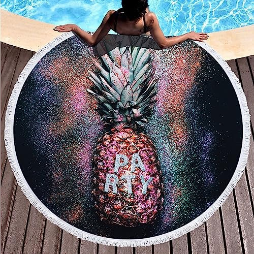 AMDXD Mikrofaser Strandtücher Rund, Ananas Party Muster Strandlaken XXL Gelb Grün Schwarz Saunatücher Saunatuch für Reise Urlaub Schwimmen, 150x150CM