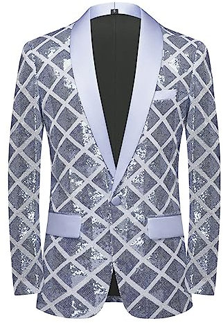 CARFFIV Männer Pailletten Glänzende Stereoskopische Muster Prom Anzug Jacke EIN Knopf und Blazer Smoking für Hochzeitsbankett,Silver,L