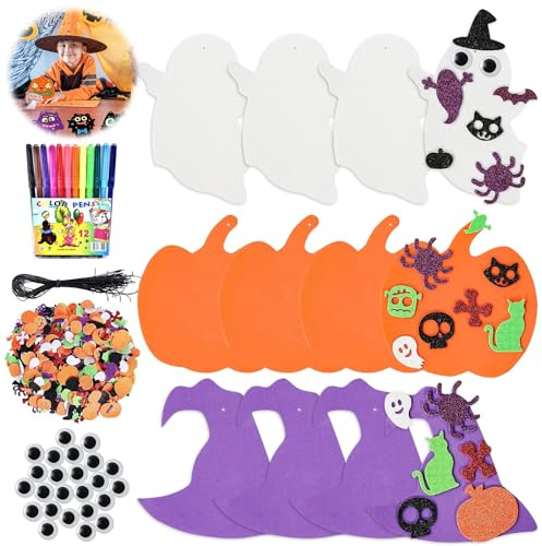 Seasboes 12 Kits Herbst Halloween Kürbis Dekorationen, DIY Kränze Bastelset für Kinder, Schaumstoff-Kürbisformen mit Ahornblättern, Aquarellstift, Strass-Aufkleber