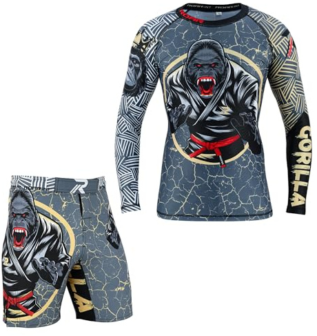 ROAR-INT MMA Rash Guard & BJJ Shorts Set Kids Fight Training Grappling Wear Jiu Jitsu Gi Trunks Outfit Set (Standard, Small, Gorilla-2Pcs-Set)