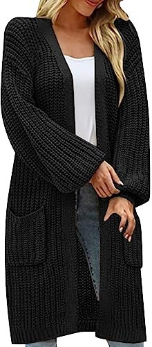 Femme Hiver Cardigan Long Tricot Veste Ouvert Épais Manches Longues Pull Gilet Chaud Capuche Manteau Sweater Chandail Outwear Pullover Confortable Manteau De Couleur Unie