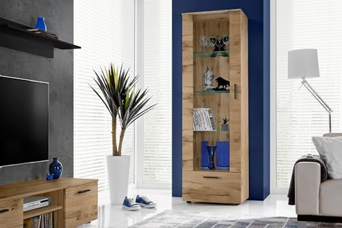 Komodee, Vitrine Schrank Alessandria, Wotan/Wotan, Breite 60cm x Höhe 192cm x Tiefe 42cm, ohne LED, 3 Glasböden, 1 Regal aus laminierter Platte, für Wohnzimmer, Schlafzimmer