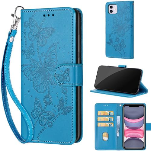 for iPhone 11 Case, Embossed Premium PU Leather Folio Flip Notebook Wallet Cover Compatible with iPhone 11 Phone Case [Magnet Closure][Kickstand][Card Slots], Blue Butterfly