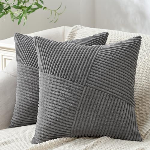 Topfinel Kissenbezüge 45x45 Dunkelgrau 2er Set Kordsamt Windmühle Patchwork Euro Design Kissenhülle für Dekokissen Sofakissen Zierkissen Schlafzimmer Wohnzimmer Sofa Couch Büro