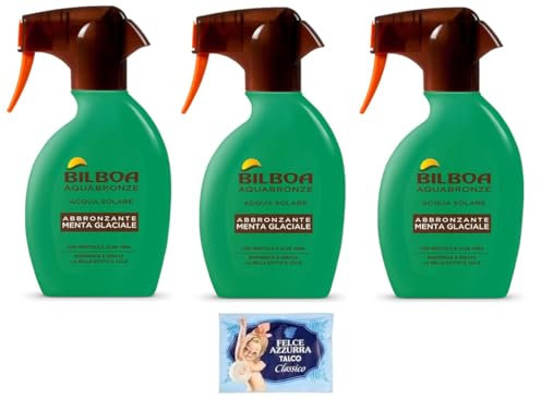 3x Bilboa Aquabronze, Spray Abbronzante Menta Glaciale con Mentolo e Aloe Vera, Rinfresca e Idrata la Pelle, Formato 250ml + 1 Busta di Talco Felce Azzurra in omaggio da 100g