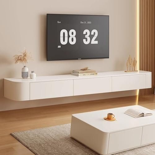 Floating TV Stand 140/160/180/200/220/240cm Floating TV Unit Cabinet Wall Mounted Entertainment Center TV Media Console Large Storage Component Shelves, For Living Room,Bedroom (White, 160x24x20cm)