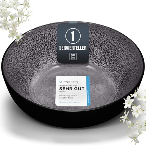 Steingut Servierschüssel Ibiza – Hochwertige Mediterrane Salatschüssel, Servierschale – Spülmaschinen-, Mikrowellen- und Kratzfest – Bowl Schüssel Groß – Salatschale, Müslischale Pure Living in Grau