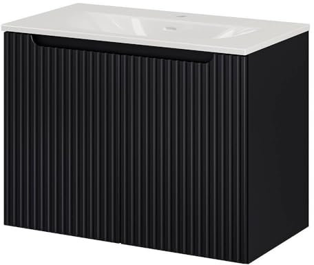[en.casa] Badmöbel Skelbolu Waschtisch mit Unterschrank Badezimmerschrank 80 x 57 x 39 cm Waschbecken mit Unterschrank 2 Türen Badschrank Waschtischunterschrank hängend Schwarz