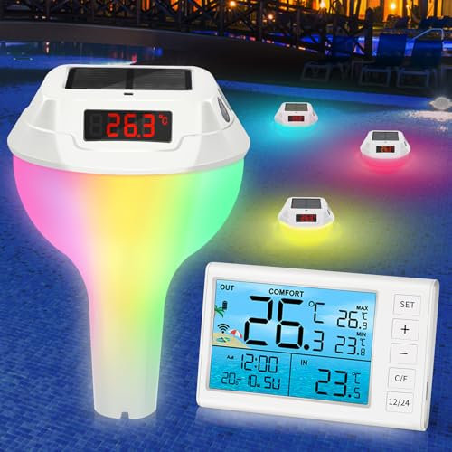 FORMIZON Thermometre Piscine, Thermomètre Piscine Solaire Lumineux avec Affichage et Corde, Thermomètre Piscine pour Piscines, Bassins et Aquariums