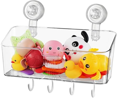 Bath Toy Storage - Bathroom Toy Holder with 4 Removable Hooks - Shampoo Basket, Transparent Bath Toy Storage Box for Bathroom Kitchen