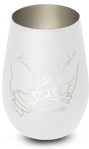 Elegantes personalisiertes Windlicht aus Glas in Weiß-Silber Haltende Hände - Liebesgeschenk für Paare mit Gravur, Name