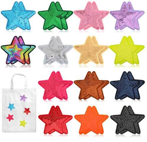 28PCS Sequin Star Iron on Patches for Hats Shiny Embroidery Sequin Stars Patches Multiple Color Applique Repair Patch DIY Crafts for Clothing Jacket Jeans Pants Dress Backpack