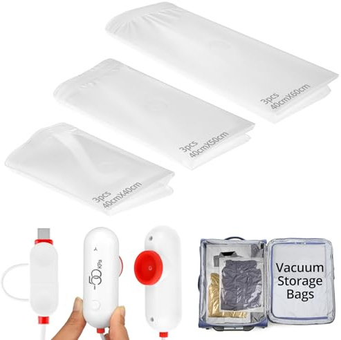 QWORK® 9 pezzi sacchetti sottovuoto con pompa elettrica, sacchetti sottovuoto da viaggio riutilizzabili, soluzione salvaspazio per vestiti e viaggi, alimentati tramite USB