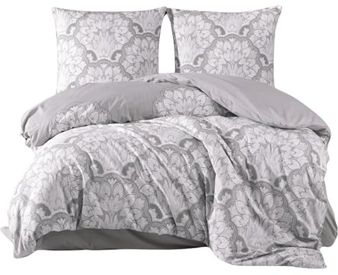ZIRVEHOME Bettwäsche-Set 155x220 cm zweiteilig Baumwolle Bettbezug Grau Barockstill weiß geblümt. TabulaV1