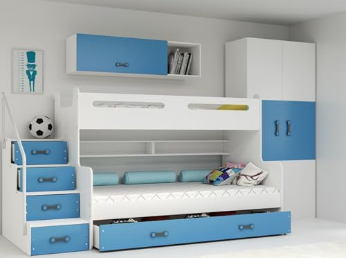 Interbeds Etagenbett Hochbett Stockbett mit Treppe und Stauraum Kinderbett Stauraumbett für Kinder und Jugendliche Bettgestell mit Lattenrost (weiß+blau)