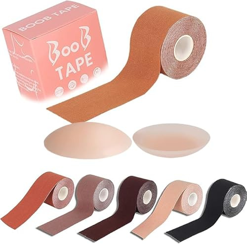 Qilly Boob Tape, Bob Tape for Large Breasts, Self-Adhesive Waterproof Strapless Boobtapes with 2 Pcs Nipple Covers, Stretchable Longer Than Regular Roll, Perfect to Stick on Bra (Brown, 7 m)