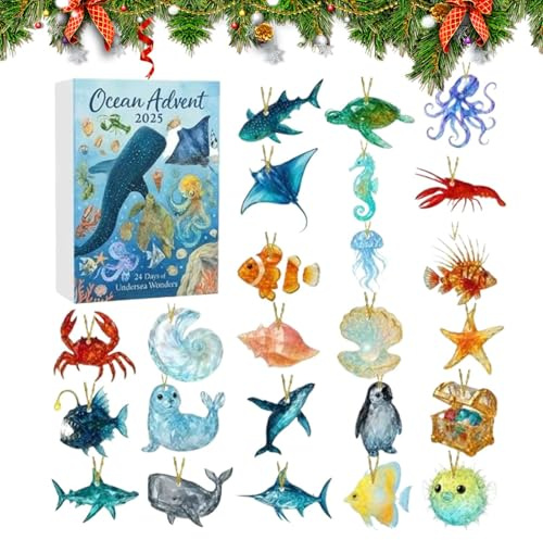 Sea Glass Marine Life Adventskalender 2025,24 Tage Oz-ean Themen Weihnachts Countdown Kalender Mit 24 2d Acryl Meerestier Deko,Bezaubernden Meerestier Dekorationen Für Ozeanliebhaber Sammler