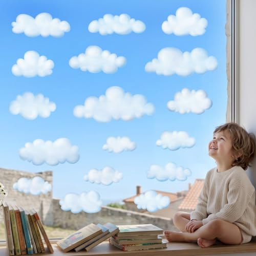 DECOWALL Weiße Wolken-Fensteraufkleber Beidseitig sichtbar (CDS4-9008) | Statisch haftend & wiederverwendbar; klebstofffreie Wolkendeko für Fenster, Glas & Spiegel