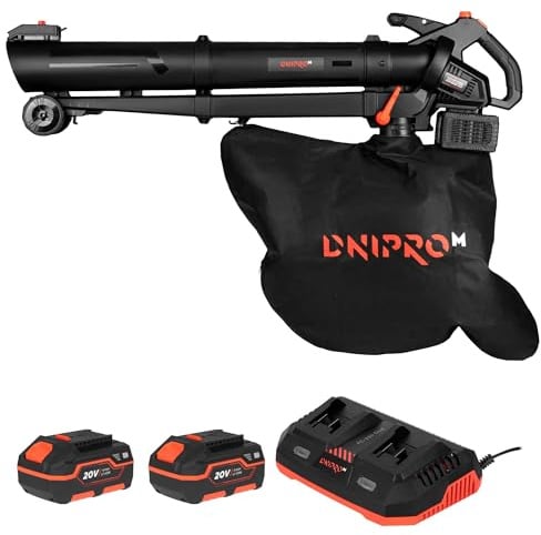 Aspirador Soplador de Jardín Dnipro-M DVB-200BC Dual 20V, Triturador 15:1 | Modo Turbo hasta 245 km/h de velocidad │ Bolsa recolectora de 45 litros │ Incluye 2 baterías BP-240 4Ah y cargador dual