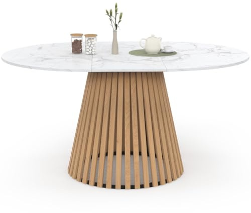IDMarket - Esstisch, ausziehbar, rund, Carmen, 4-8 Personen, Holzfuß aus Latten, Marmorplatte, weiß, Alaska, 110 – 150 cm