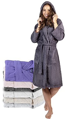 Bademantel Damen - 100% Baumwolle (350g/m²) OEKO-TEX® Zertifiziert - Morgenmantel Damen mit Kapuze, 2 Taschen, Gürtel - DarkGrau - L