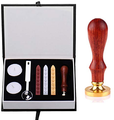 Hogwarts Magic School Siegelwachs, Siegelstempel-Set für Briefe, Geschenke, 1 Holzgriff-Siegel + 3 Retro-Wachs + 1 Löffel + 2 weißes Wachs Schwarz
