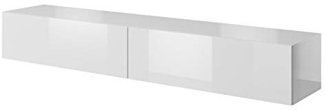 Mirjan24 TV Schrank Slide, Fernsehschrank, TV Lowboard mit Griffloses Öffnen, Hängeschrank Hochglanz Matt Wohnwand (Länge: 200 cm, Weiß/Weiß Hochglanz)