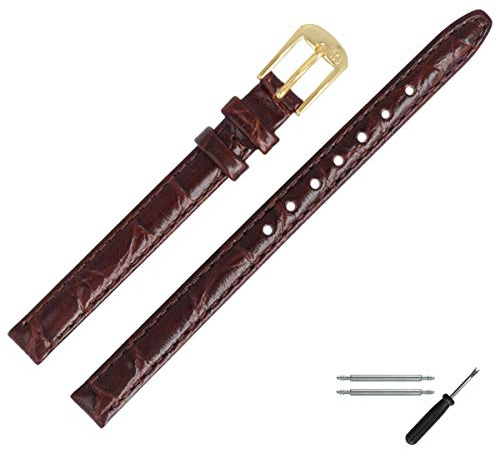 MARBURGER Uhrenarmband 12mm Leder Braun Gold Kroko (Caiman) Prägung Mit Naht - Montage Set 5291231000220