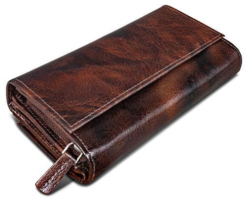 ROYALZ 'Orelia' Vintage Leder Geldbörse für Damen Portemonnaie groß mit vielen Fächern RFID-Blocker Brieftasche Querformat, Farbe:Azorra Braun