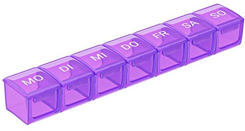 WELLGRO Tablettenbox für 7 Tage - Pillendose 1 Fach pro Tag - Klappdeckel mit Druckverschluss - Material BPA-freier Kunststoff, Farbe:Lila