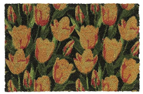 Relaxdays Fußmatte Kokos, Türvorleger mit Tulpenmotiv, 40x60 cm, wetterfeste Schuhmatte, Rutschhemmende Unterseite, bunt, 10039031_0