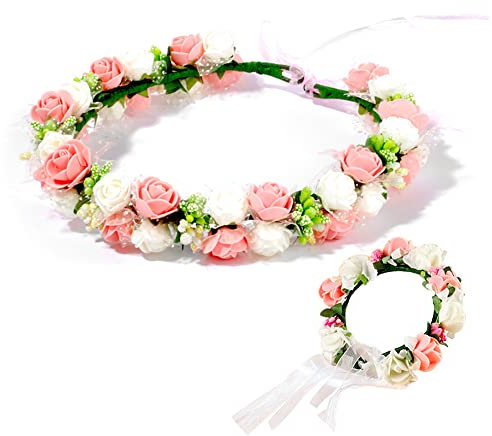 Niaciswe Blumenkranz Haare Blumenkrone Braut Blumenstirnband Künstliche Blumen Krone Braut Kopfstück Braut Kopfschmuck mit Armband für Hochzeit Party Strand, Weiß+Rosa