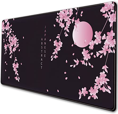 Cherry Blossoms Erweitertes Mauspad, große Tastatur-Mauspad, japanischer Stil, Schreibtischmatte, rutschfeste Gummiunterseite mit genähtem Rand, XXL, schwarz, große Schreibtischunterlage für Computer,