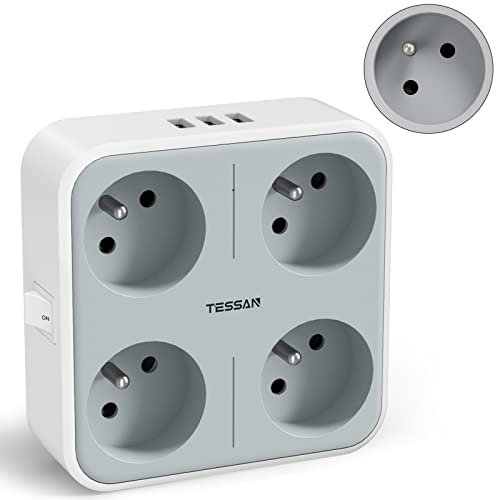 TESSAN Multiprise Murale Française 4 Sortie AC avec 3 Ports USB, 7 en 1 Prise Multiple avec Interrupteur, Adaptateur Secteur 4000W pour Domicile, Bureau, Gris