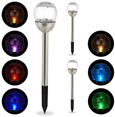 Relaxdays Solarlampen für außen, 3er Set, LED Garten Solarleuchten Kugel, Farbwechsel, wasserdicht, mit Erdspieß, Silber, 10041378