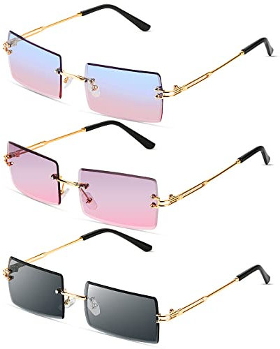 Comius Sharp Rechteck Randlose Sonnenbrille, 3 Stücke Retro Rechteckig Sonnenbrille Randlos für Frauen Männer - Square Rimless Sunglasses (Three)