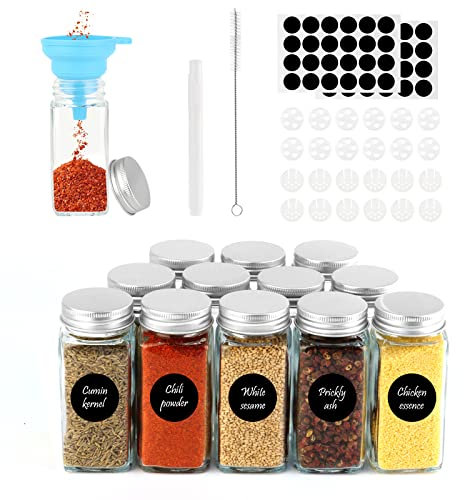 MXTIMWAN Set da 12 Barattoli per Spezie, Contenitori per Spezie in Vetro con Tappo Vite, Barattoli Spezie, 120ml, Rettangolari, Barattoli Cucina con Imbuto, Etichette, Spazzola di Pulizia, Penna