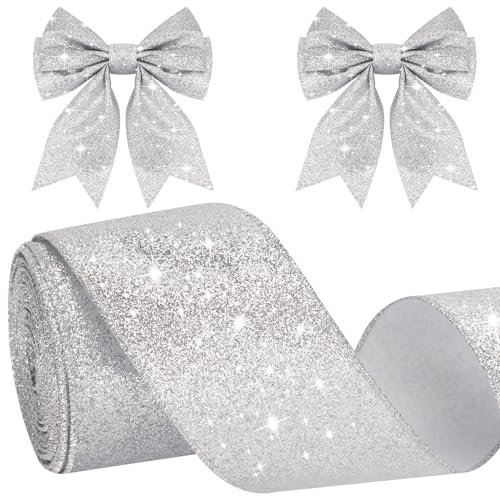 KINGLAKE Silver Wired Glitter Christmas Ribbon, 6cm Metallic Wrapping Ribbon for Gift Wrapping, Wreath, Crafts, Christmas Tree & Wedding Decorations