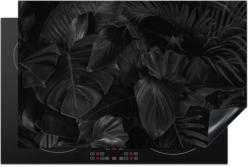 KitchenYeah© Herdabdeckplatte Einteilig Ceranfeld Abdeckplatte | 80x52 cm - Induktionsschutz Ceranfeldabdeckung Vinyl Herdabdeckplatten Blätter - Schwarz - Pflanzen - Dunkel