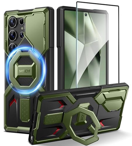 Tongate for Samsung Galaxy S24 Ultra Case Compatible with MagSafe, [Ring Stand & Camera Cover Kickstand] Drop Shockproof Rugged Protection Phone Case for S24 Ultra with Screen Protector 6.8, Green