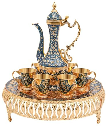 HarBin-Star Kaffeetassen Türkisch, Vintage Kaffeekannen Set mit 6 Tassen, Teetasse Royal Metall Teegläser Set, Teeservice Set für Home Coffee Tea Party (Dark Blue)