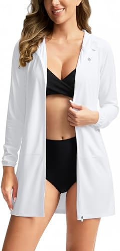 Women's UPF 50+ Swim Cover Up Sun Protection Hoodie Long Jacket SPF Lightweight Beach Cover Ups for Women(White,M)